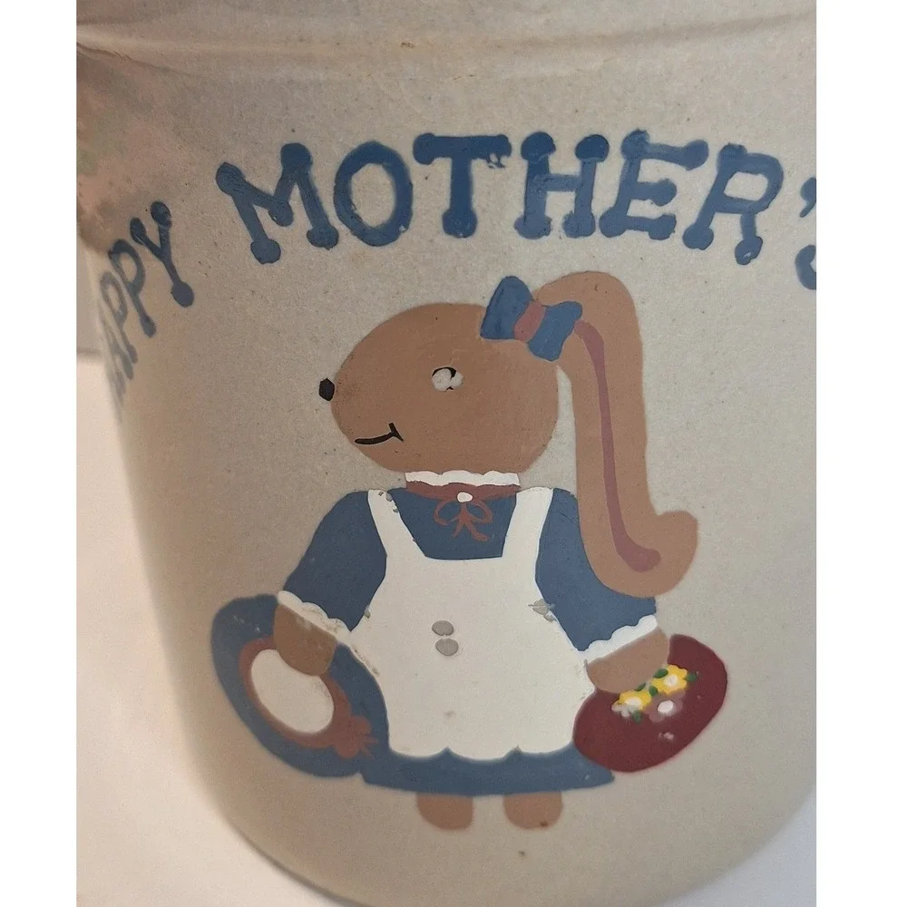 Vtg Robinson Ransbottom Happy Mother's Day Stoneware Crock Bunny Rabbit‎ Pottery